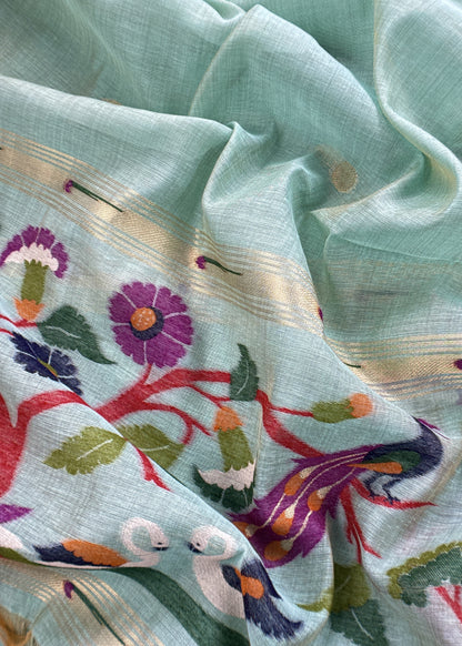 Sky Blue Chanderi Linen Suit Fabric With Jamdani Weaving