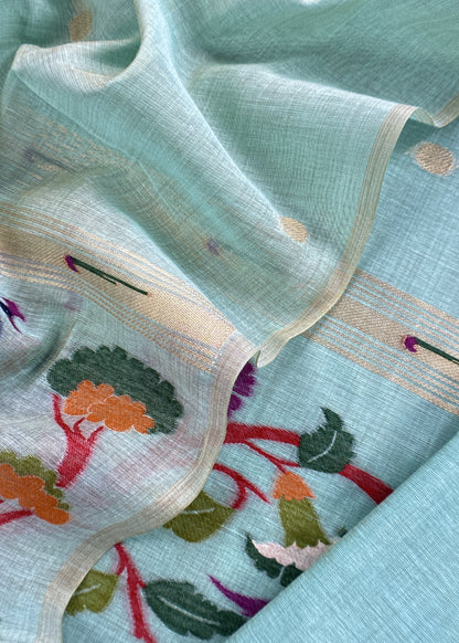Sky Blue Chanderi Linen Suit Fabric With Jamdani Weaving