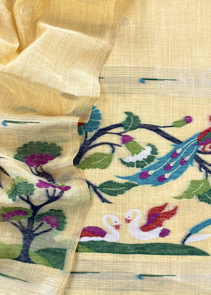 Yellow Chanderi Linen Suit Fabric With Jamdani Weaving