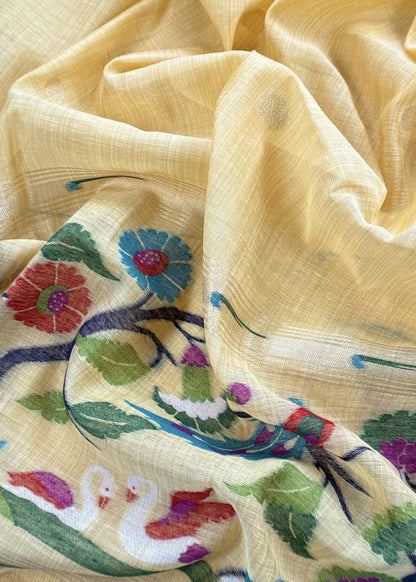 Yellow Chanderi Linen Suit Fabric With Jamdani Weaving