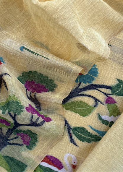 Yellow Chanderi Linen Suit Fabric With Jamdani Weaving