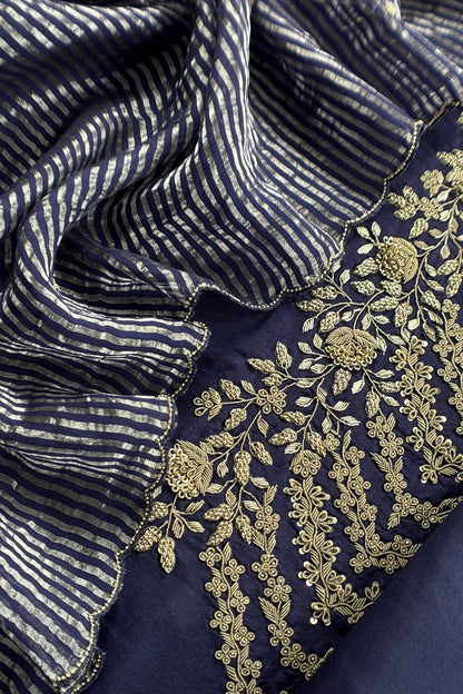 Navy Blue Pure Silk Suit With Tissue Silk Dupatta