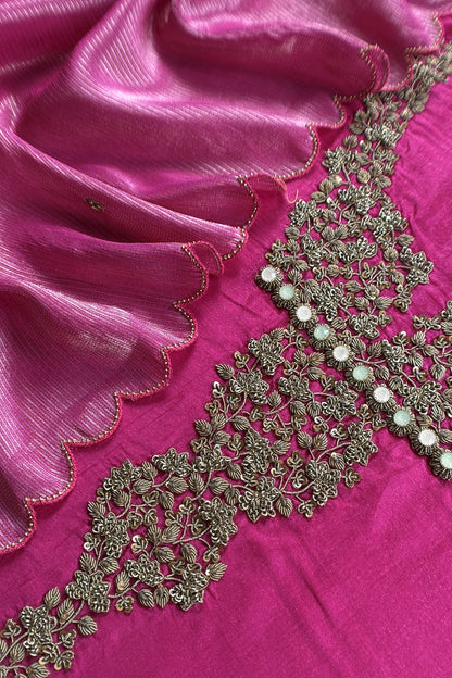 Pink Tissue Silk Unstitched Suit With Zardosi And Jadau Navratna Handwork