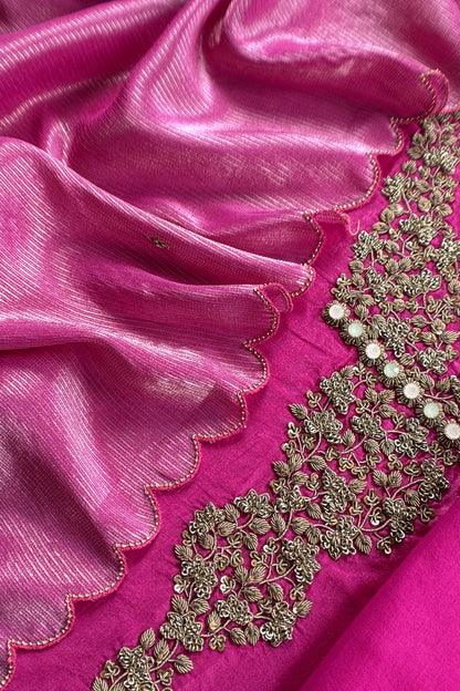 Pink Tissue Silk Unstitched Suit With Zardosi And Jadau Navratna Handwork