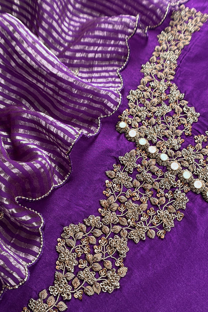 Purple Tissue Silk Unstitched Suit With Zardosi And Jadau Navratna Handwork