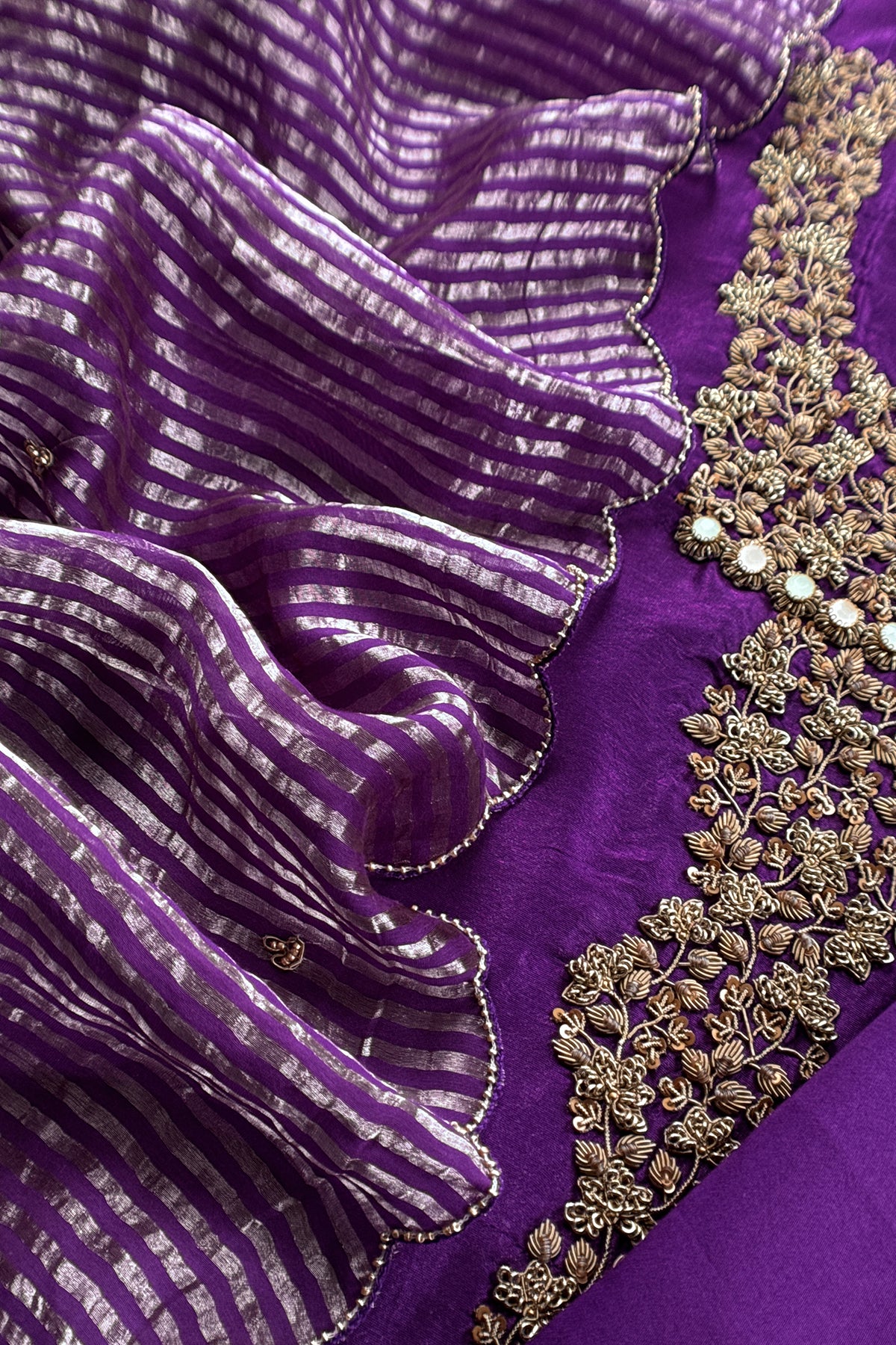 Purple Tissue Silk Unstitched Suit With Zardosi And Jadau Navratna Handwork