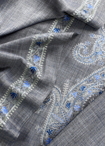 Grey Pure Merino Wool With Beautiful Aari Embroidery