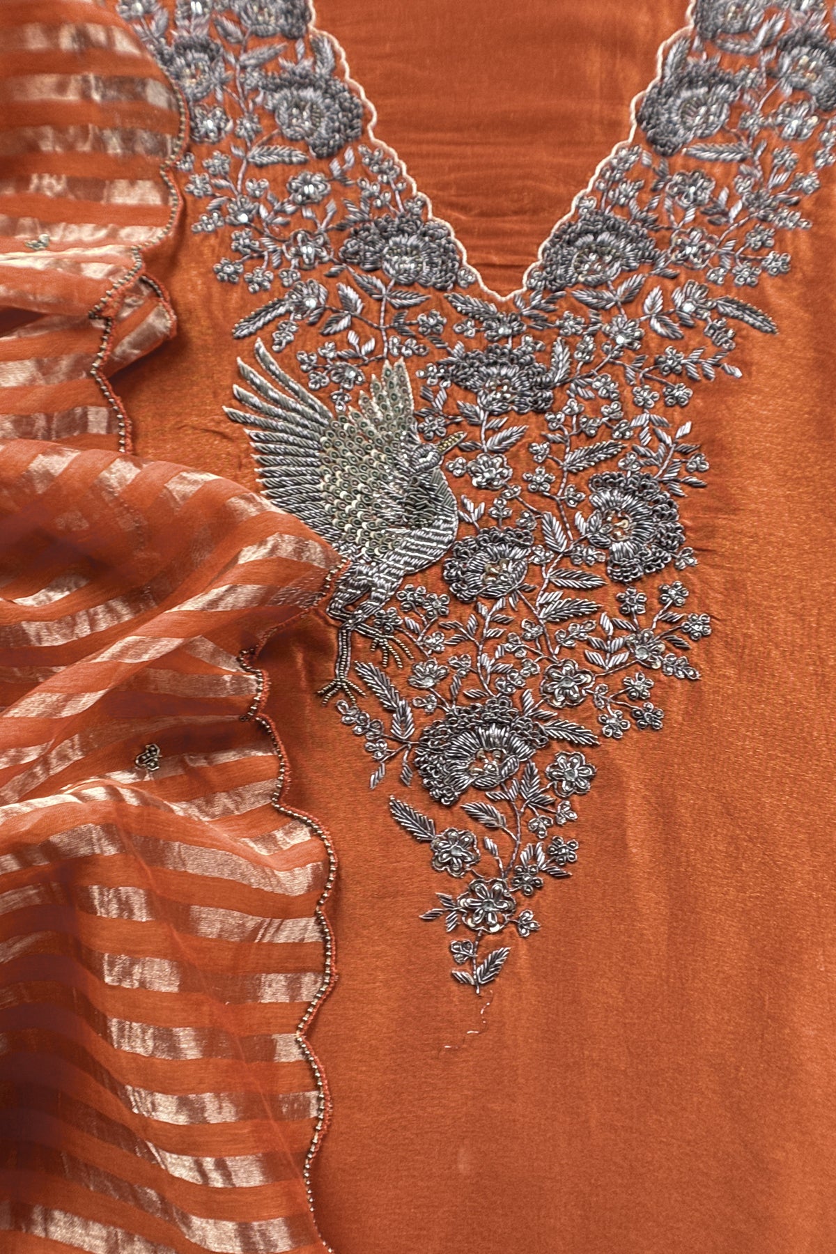 Rust Orange Pure Silk Suit With Tissue Silk Dupatta