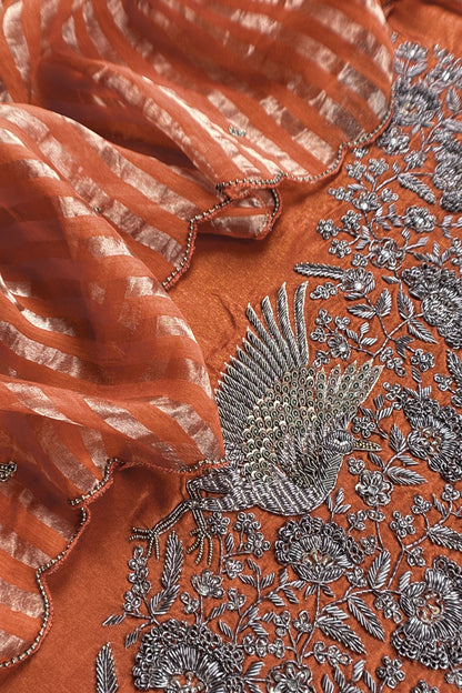 Rust Orange Pure Silk Suit With Tissue Silk Dupatta