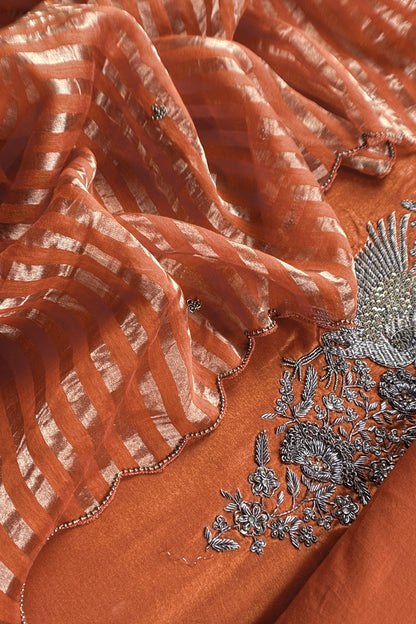 Rust Orange Pure Silk Suit With Tissue Silk Dupatta