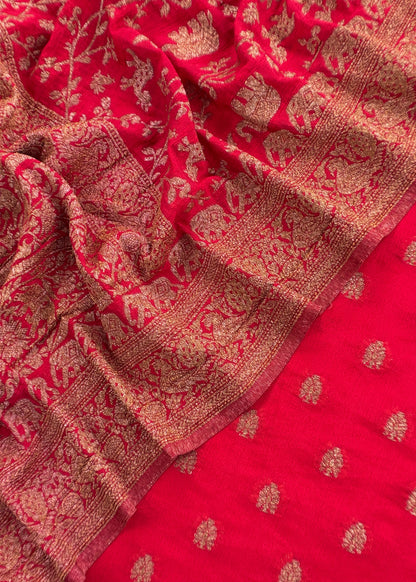 Red Georgette Silk Suit Fabric With Zari Weaving