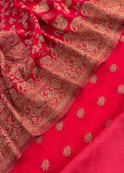 Red Georgette Silk Suit Fabric With Zari Weaving