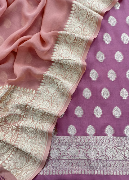 Orchid Pink Handloom Khaddi Georgette Suit Fabric With Zari Weaving