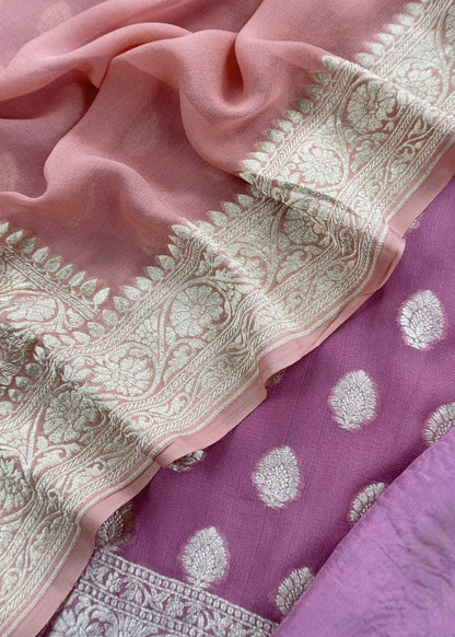 Orchid Pink Handloom Khaddi Georgette Suit Fabric With Zari Weaving
