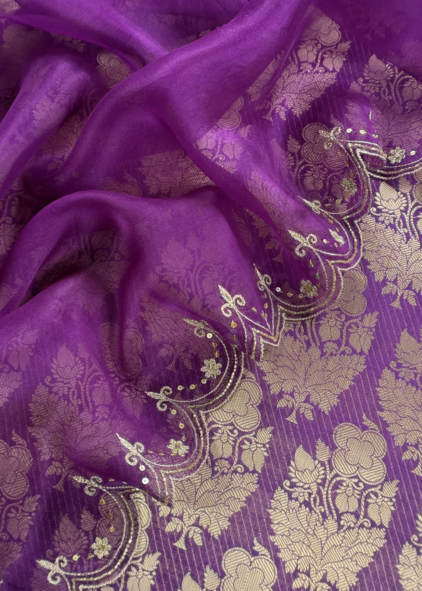 Purple Brocade Silk Kurta And Organza Silk Dupatta With Handwork