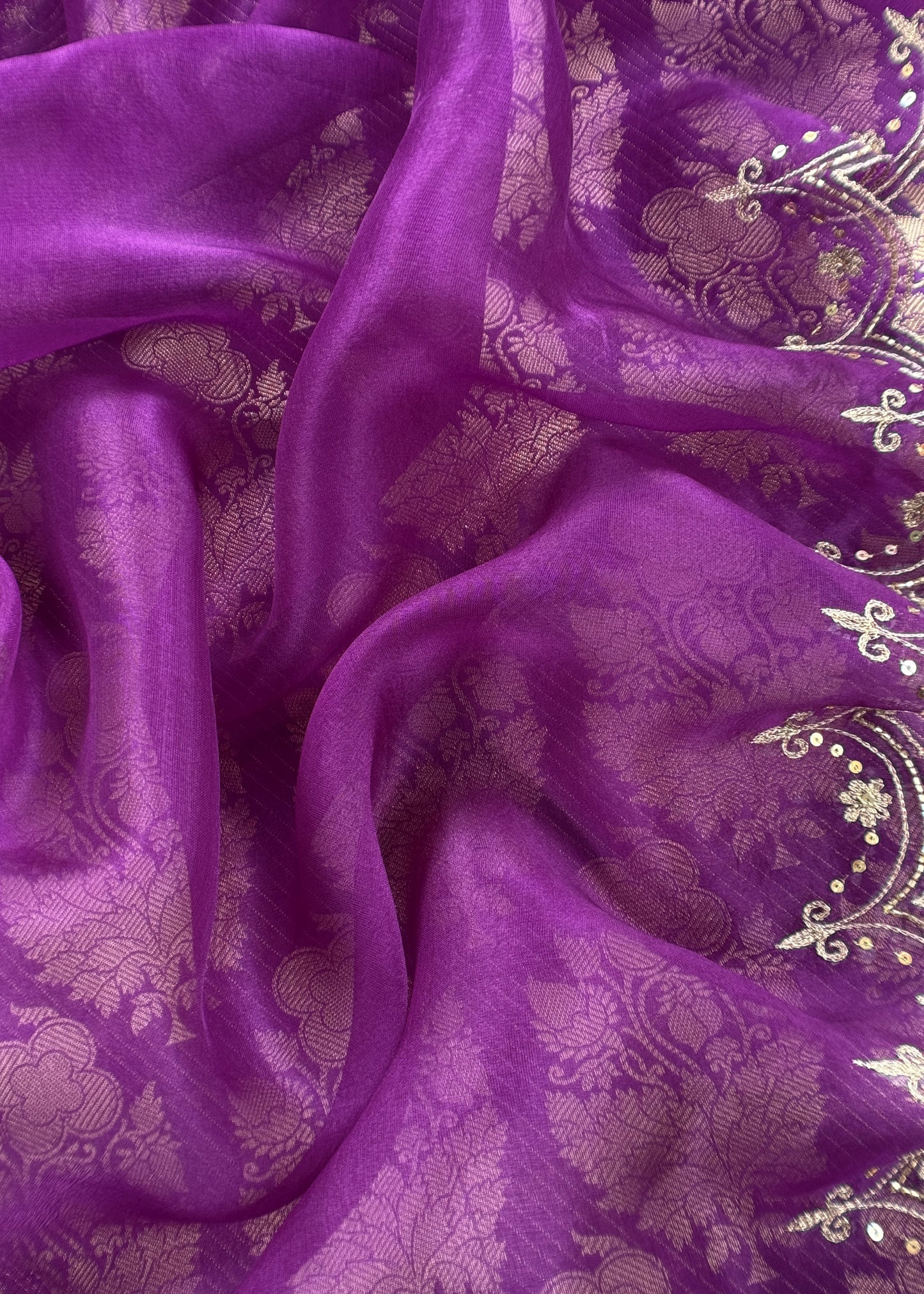 Purple Brocade Silk Kurta And Organza Silk Dupatta With Handwork