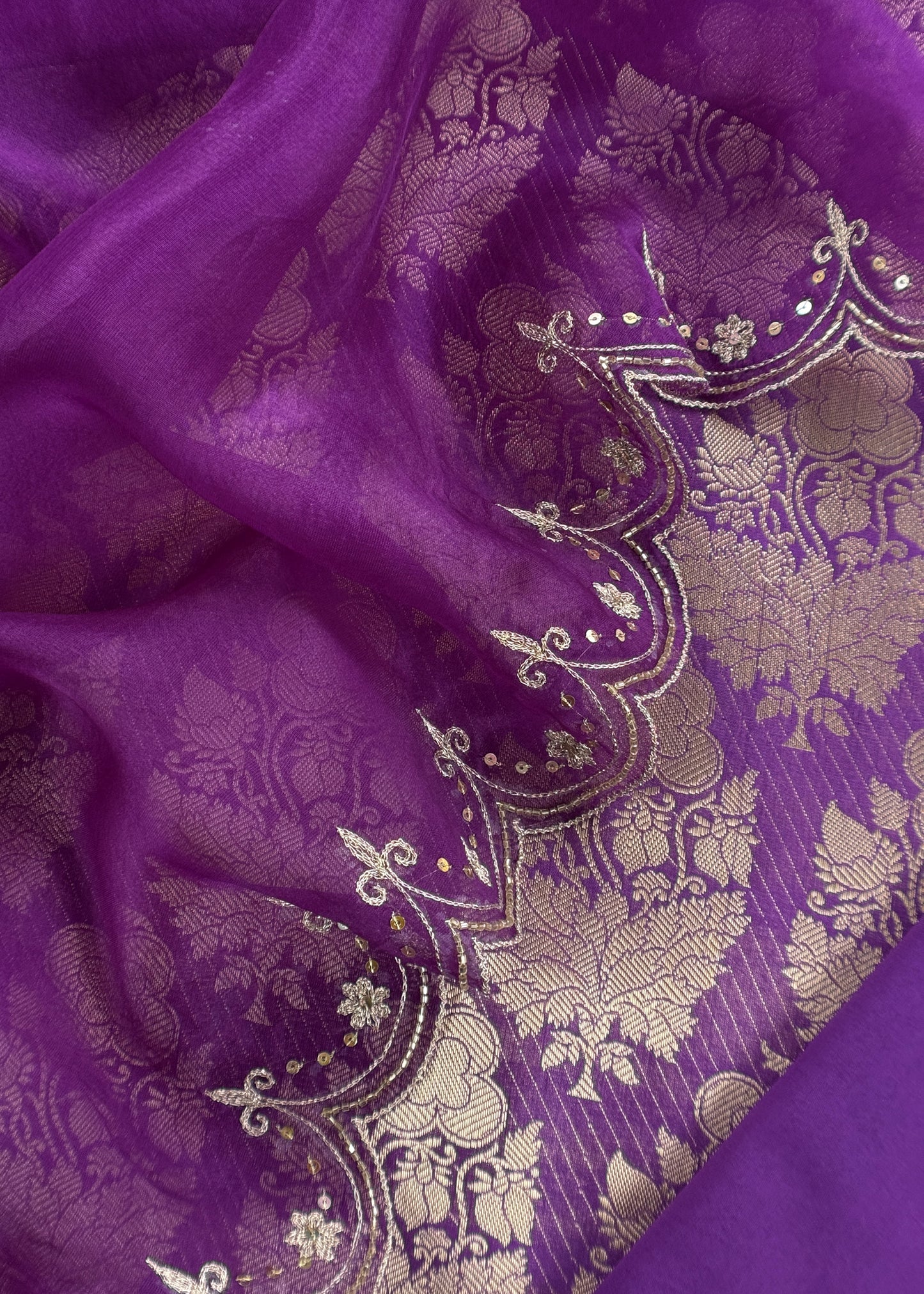 Purple Brocade Silk Kurta And Organza Silk Dupatta With Handwork