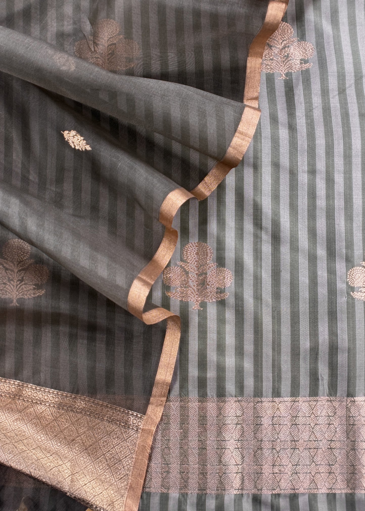 Kavya Cloud Gray Striped Katan Silk Kurta And Kora Silk Dupatta With Kadwa Weaving