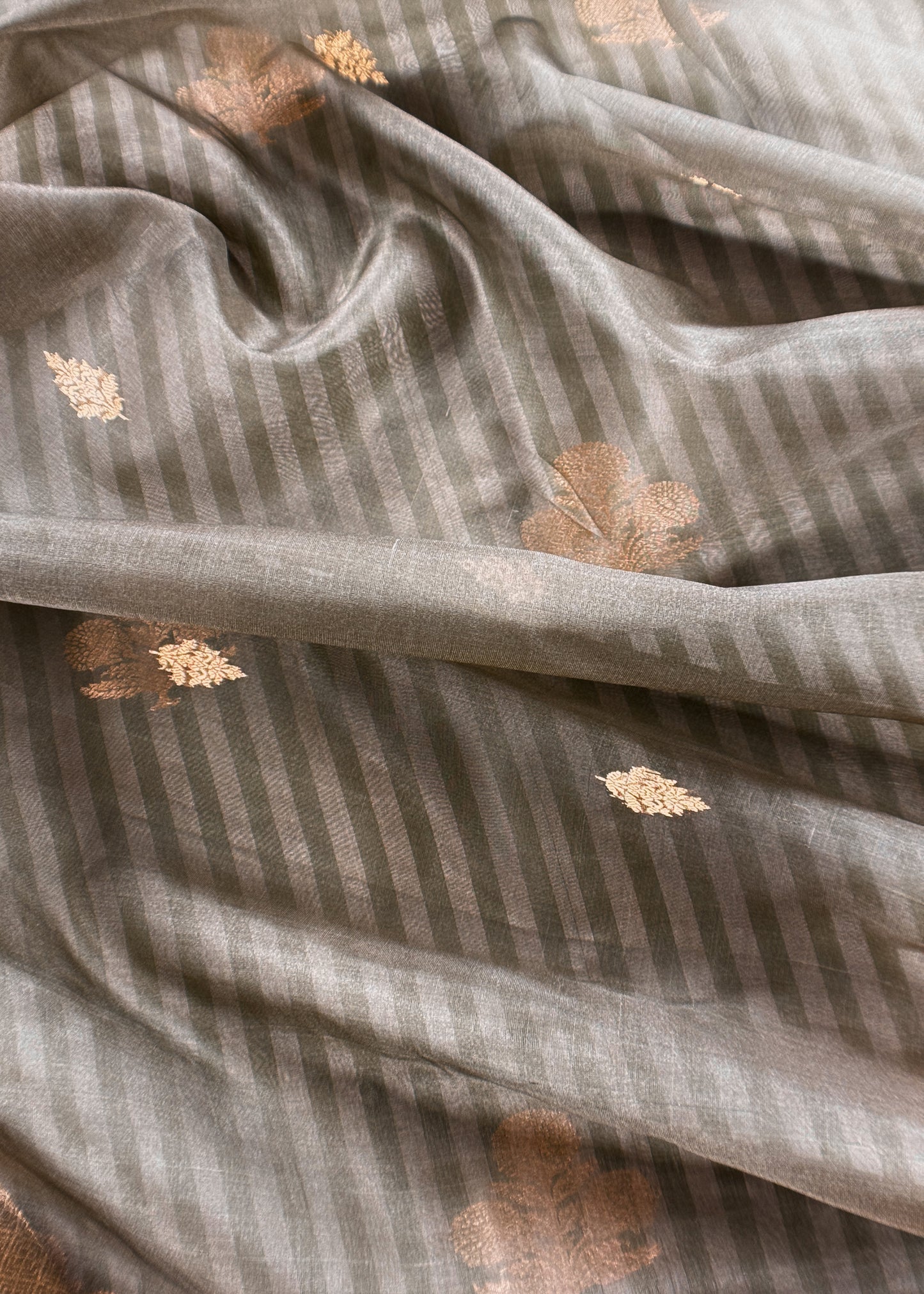 Kavya Cloud Gray Striped Katan Silk Kurta And Kora Silk Dupatta With Kadwa Weaving