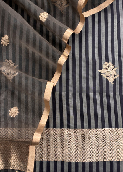 Kavya Black Greys Striped Katan Silk Kurta And Kora Silk Dupatta With Kadwa Weaving