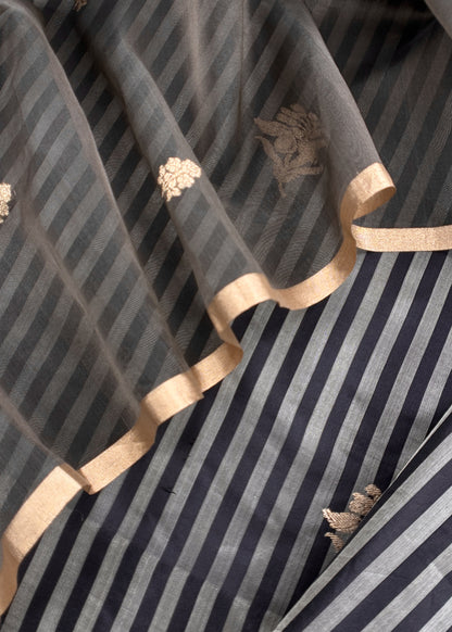 Kavya Black Greys Striped Katan Silk Kurta And Kora Silk Dupatta With Kadwa Weaving