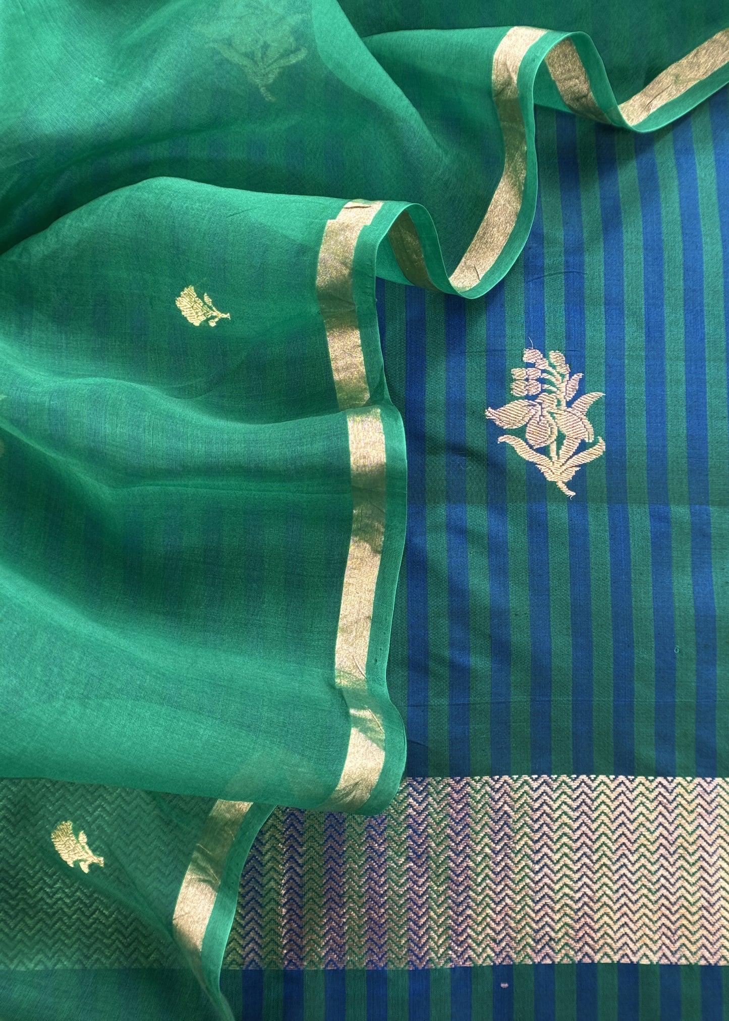 Kavya Green Blues Striped Katan Silk Kurta And Kora Silk Dupatta With Kadwa Weaving