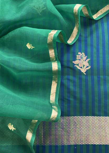 Kavya Green Blues Striped Katan Silk Kurta And Kora Silk Dupatta With Kadwa Weaving