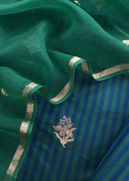 Kavya Green Blues Striped Katan Silk Kurta And Kora Silk Dupatta With Kadwa Weaving