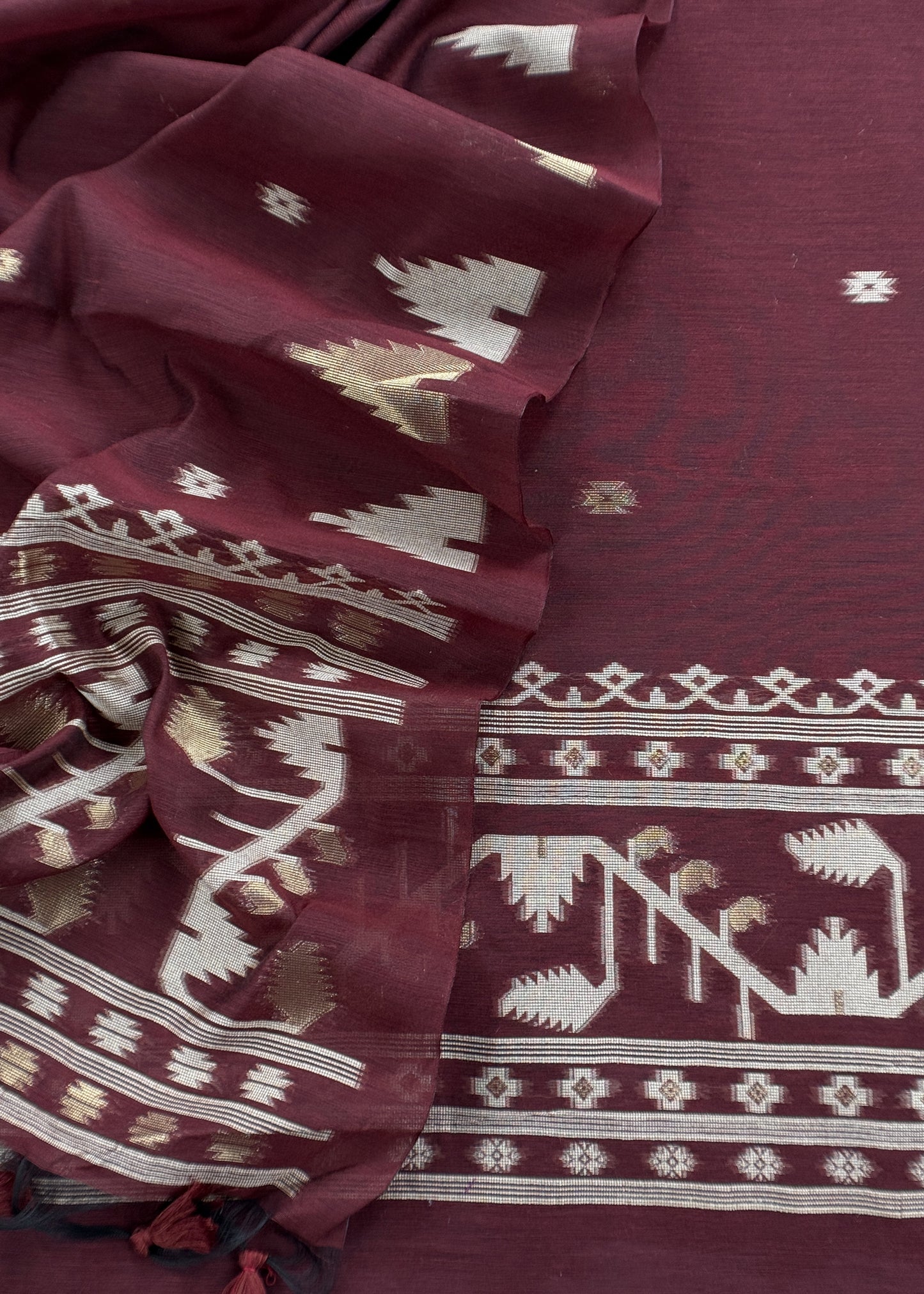 Plum Wine Jamdani Weaved Suit Fabric In Linen Chanderi