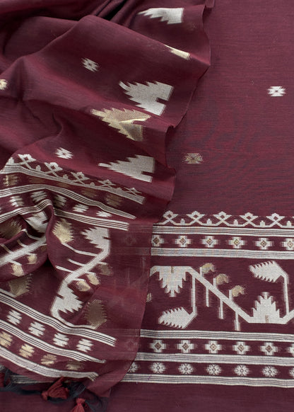Plum Wine Jamdani Weaved Suit Fabric In Linen Chanderi