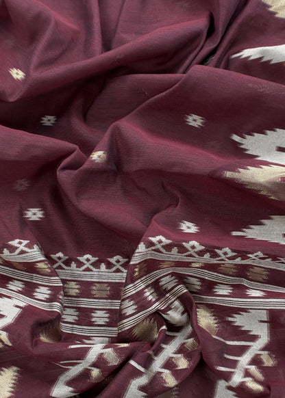 Plum Wine Jamdani Weaved Suit Fabric In Linen Chanderi