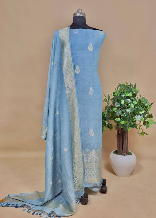 Blue Handloom Linen Silk With Kadwa Weaves