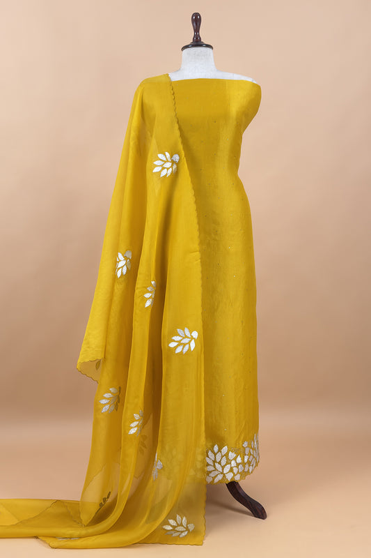 Yellow Premium Kora Silk Suit With Gota Patti Applique Work