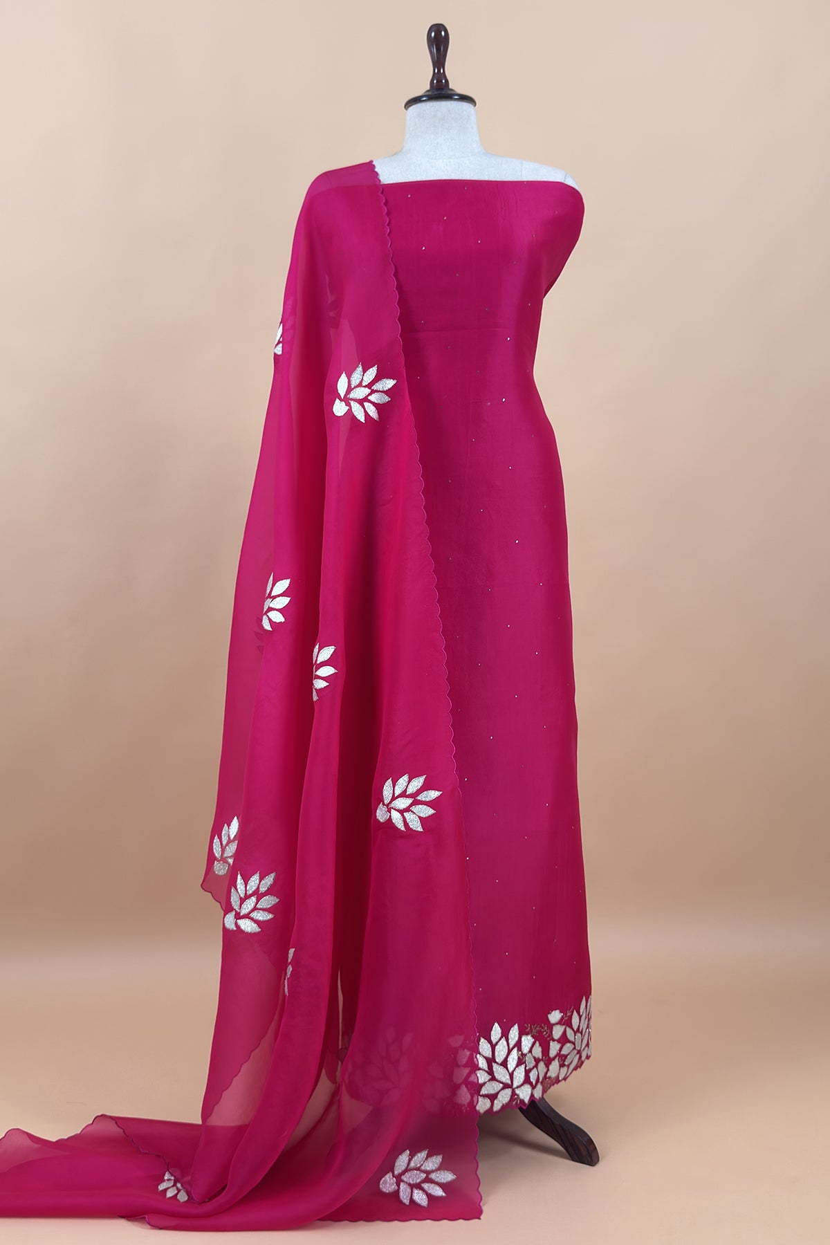 Rani Pink Premium Kora Silk Suit With Gota Patti Applique Work