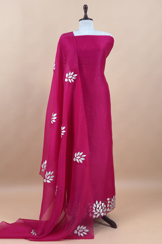 Rani Pink Premium Kora Silk Suit With Gota Patti Applique Work