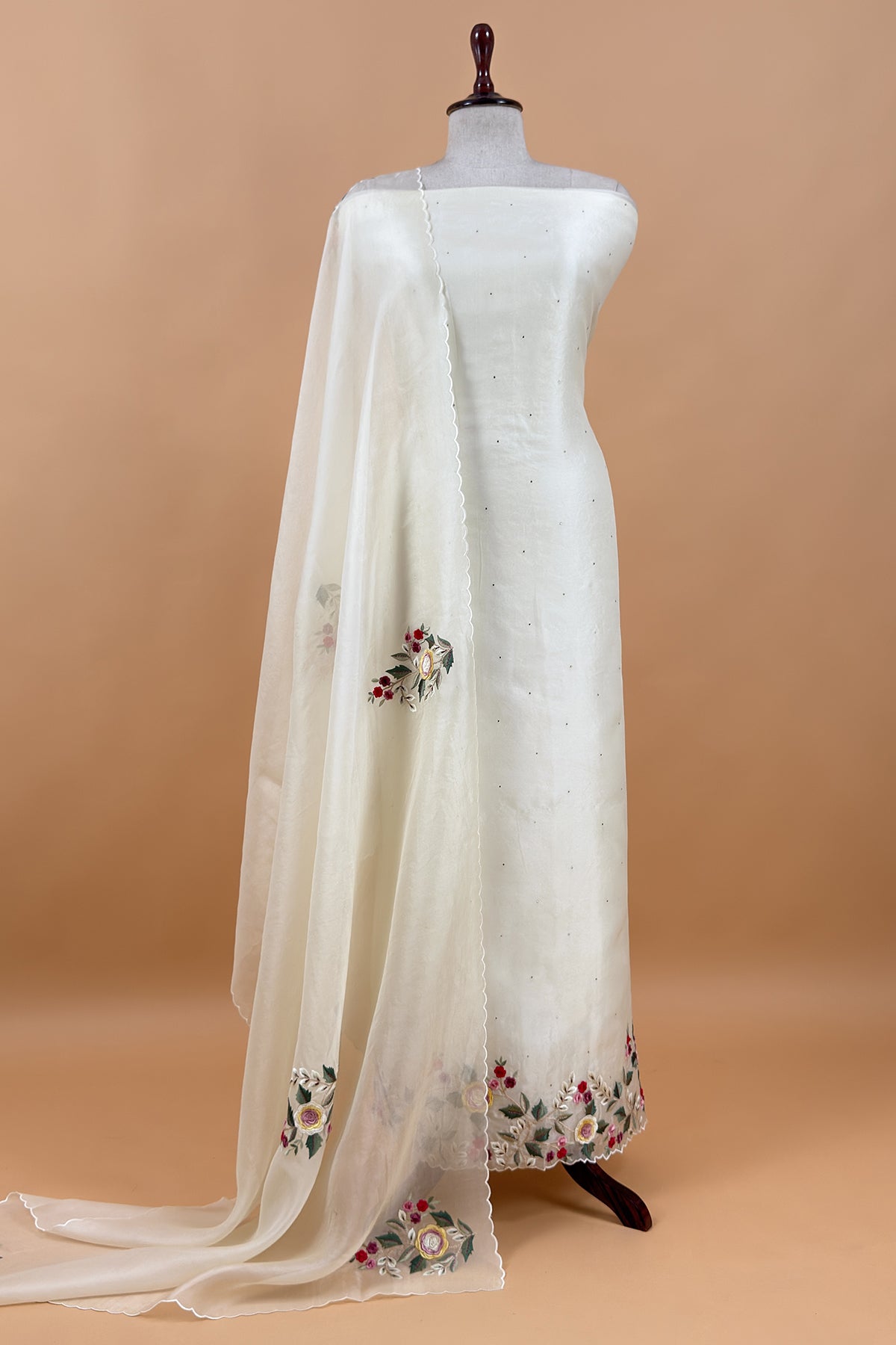 Ivory Pure Organza Unstitched Suit fabric with Parsi embroidery and 3d Appliqué work
