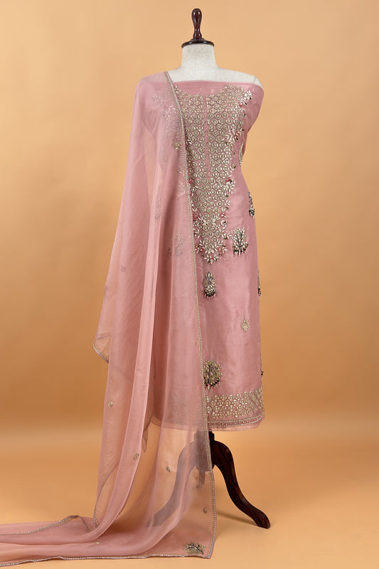 Pink Champagne Handloom Kora silk Unstitched Suit with Dori and Gota Patti hand work
