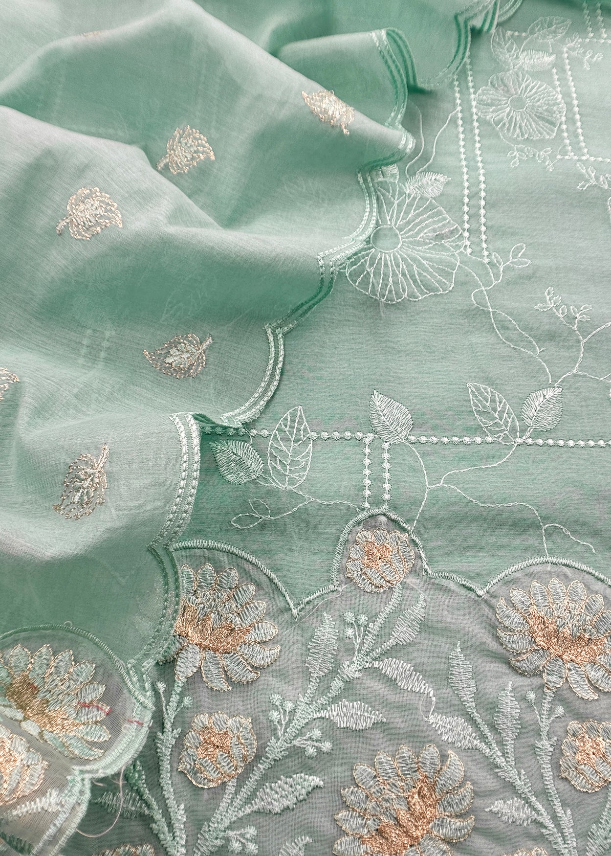 Mint Green Pure Mulmul Suit Fabric With Floral Resham Embroidery