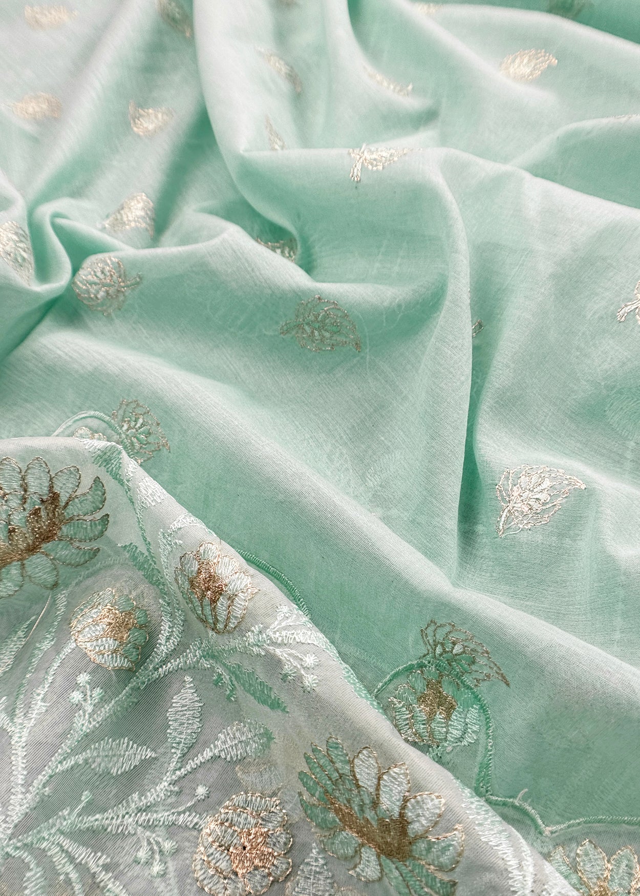 Mint Green Pure Mulmul Suit Fabric With Floral Resham Embroidery