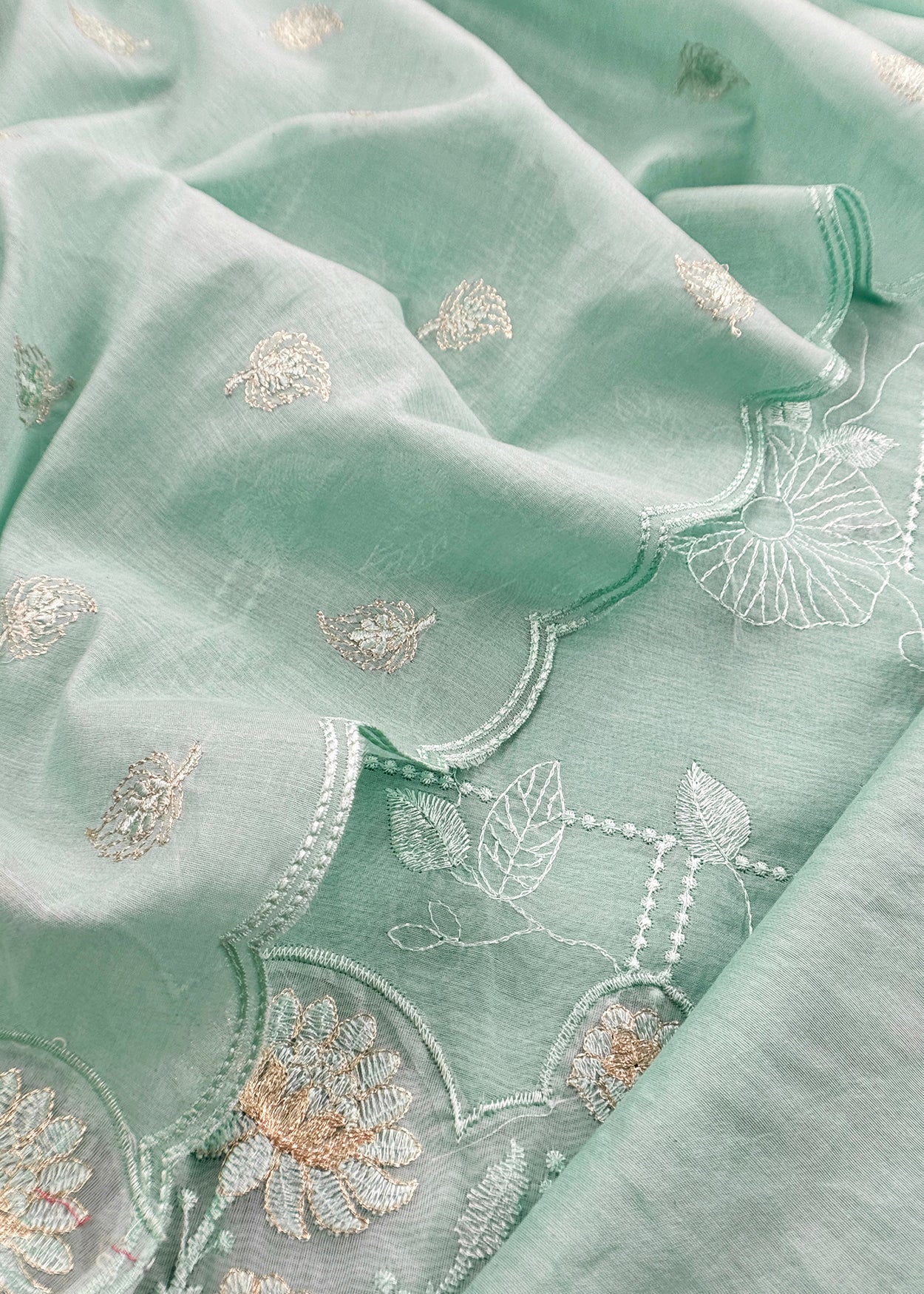 Mint Green Pure Mulmul Suit Fabric With Floral Resham Embroidery