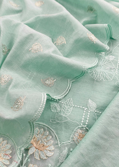 Mint Green Pure Mulmul Suit Fabric With Floral Resham Embroidery