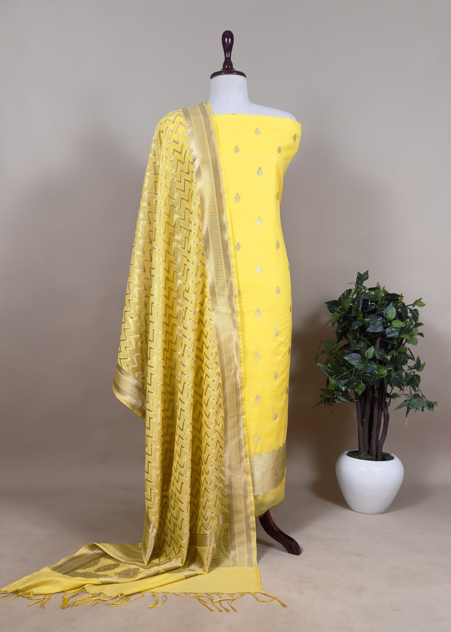 Yellow Handloom Munga Silk Suit With Zari Weaving