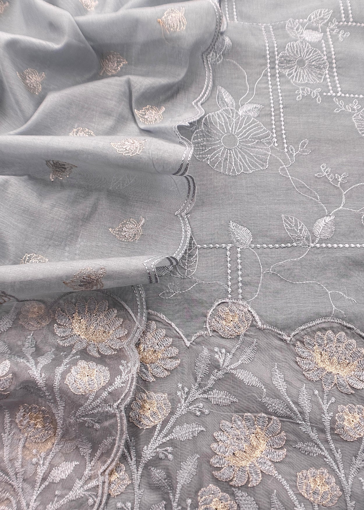 Grey Pure Mulmul Suit Fabric With Floral Resham Embroidery