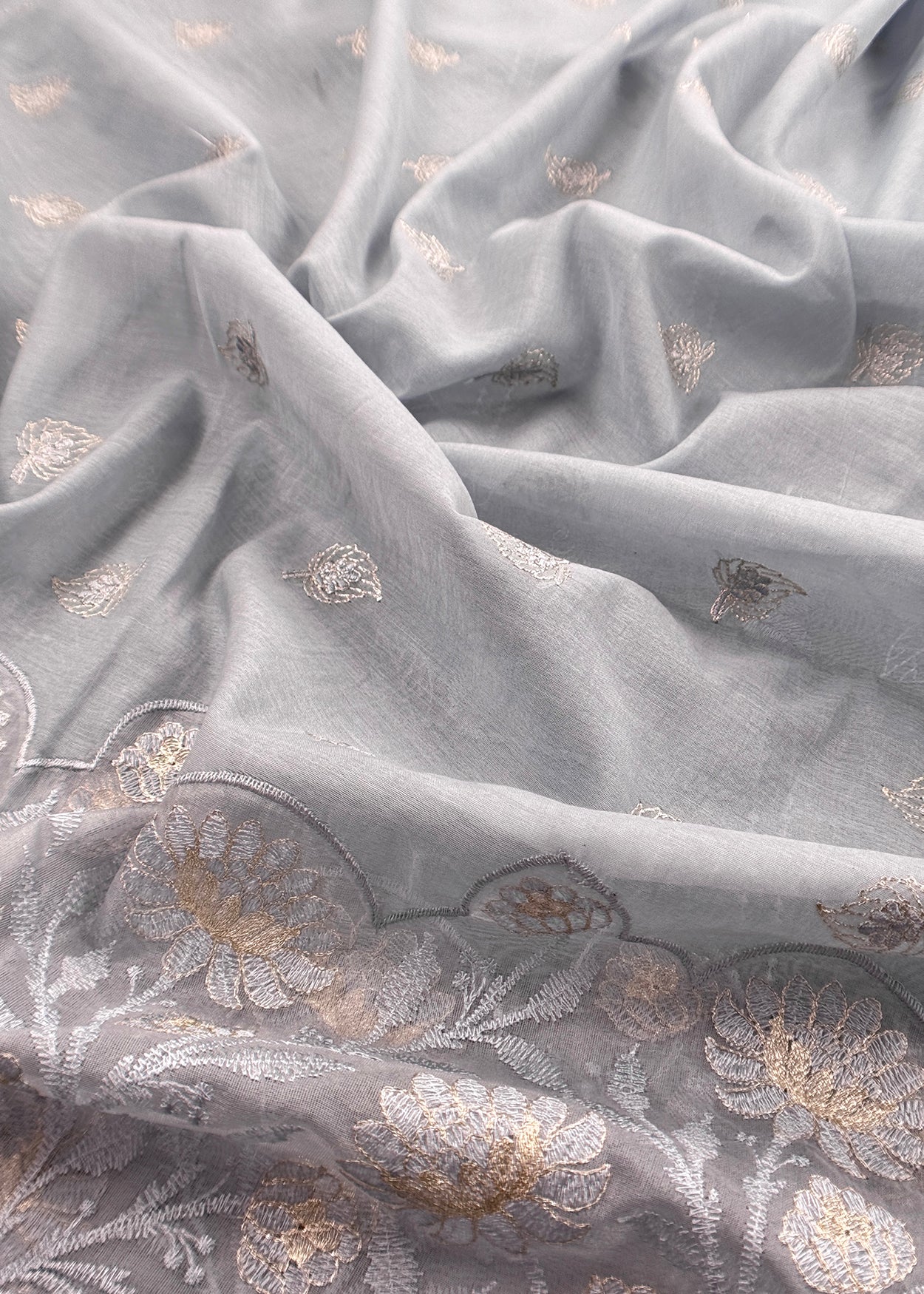 Grey Pure Mulmul Suit Fabric With Floral Resham Embroidery