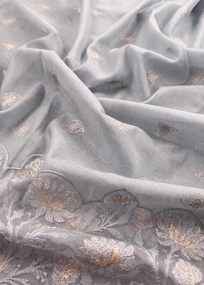 Grey Pure Mulmul Suit Fabric With Floral Resham Embroidery