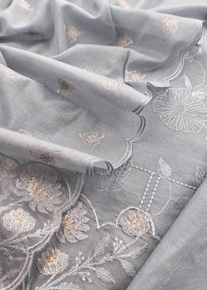 Grey Pure Mulmul Suit Fabric With Floral Resham Embroidery