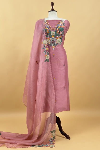Garden Of Dreams Luxe Baby Pink Handloom Kora Silk Suit Fabric With Appliqué Work And French Thread Embroidery