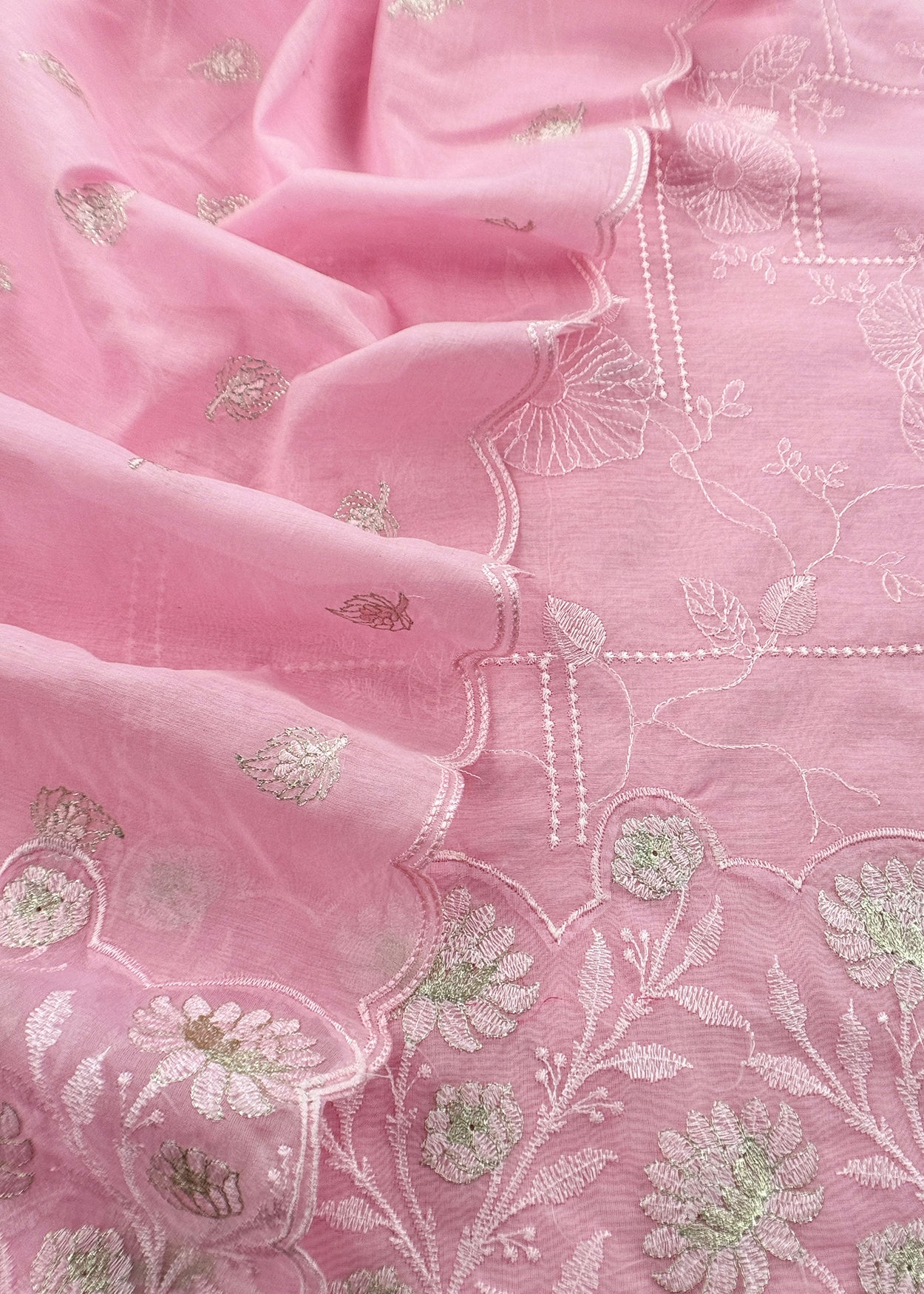 Baby Pink Pure Mulmul Suit Fabric With Floral Resham Embroidery