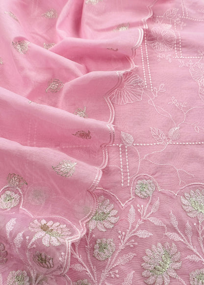 Baby Pink Pure Mulmul Suit Fabric With Floral Resham Embroidery