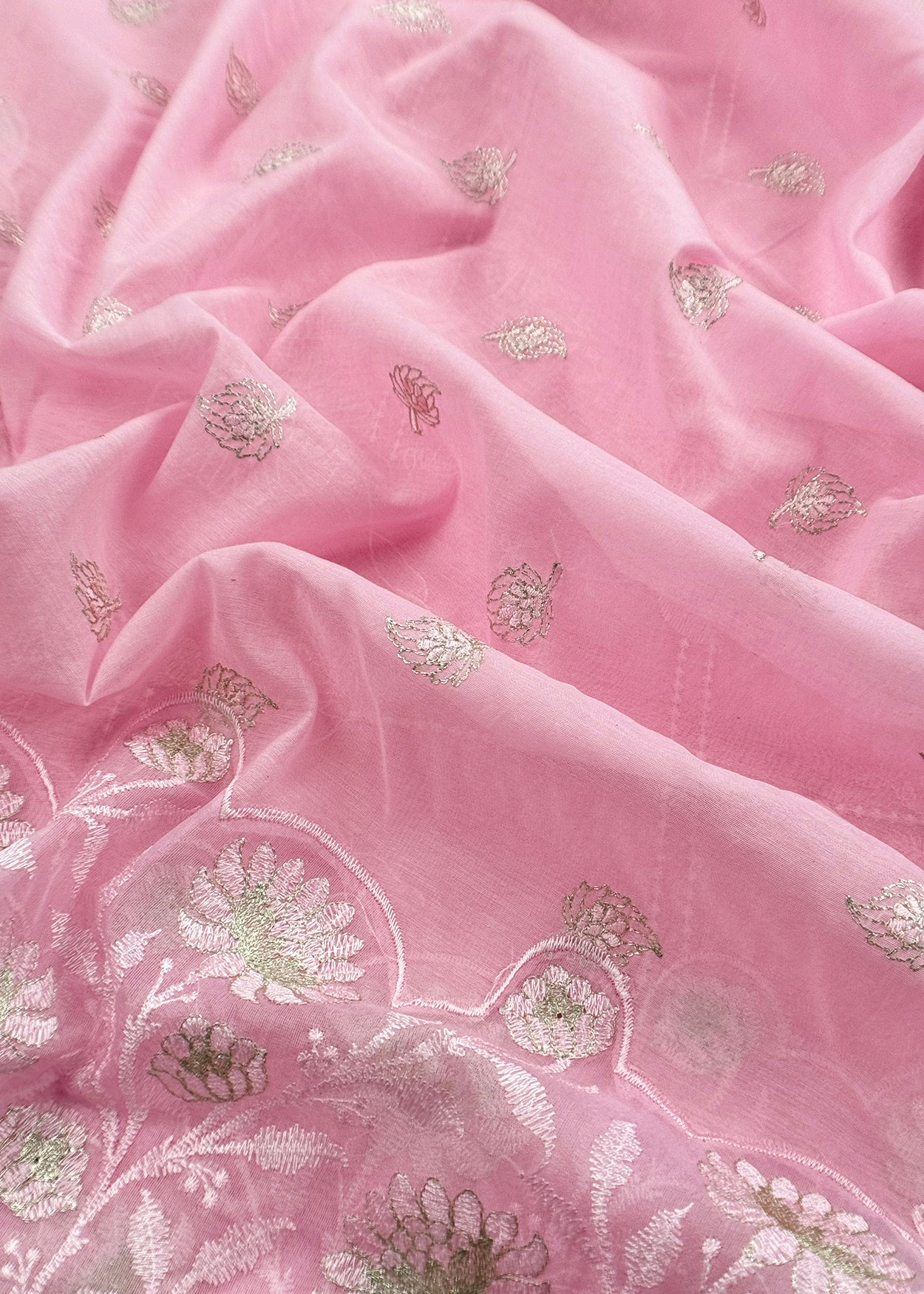 Baby Pink Pure Mulmul Suit Fabric With Floral Resham Embroidery